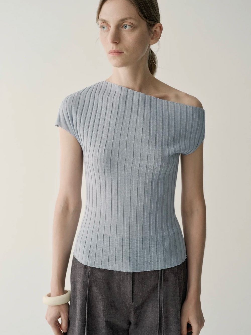 INSIS FEMME Ribbed One-Shoulder Top - Light Blue - Picture 5 of 14